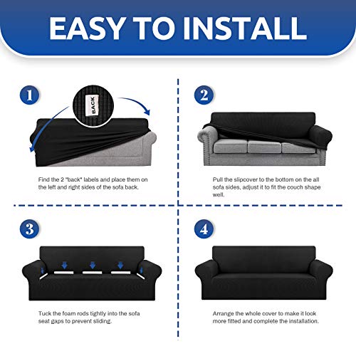 KEKUOU Stretch Oversized Sofa Slipcover 1 Piece Couch Sofa Cover (94"-110") Furniture Protector 4 Seater Sofa with Elastic Bottom for Kids,Pet.Jacquard Checked Pattern Fabric(X Large,Black)