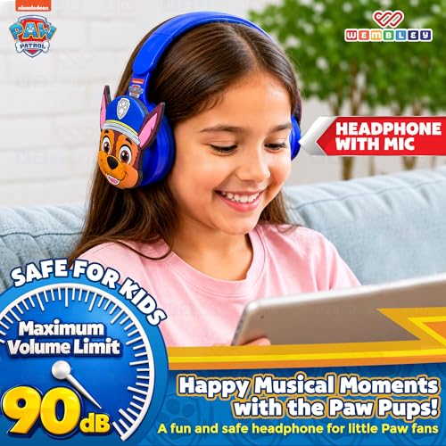 Image of Wembley Paw Patrol Kids Wireless Bluetooth Headphones with Mic | Foldable Over Ear Headphones for Boys & Girls 3-8 Years | 90dB Safe Volume, AUX & USB Charging | Travel, Study & Music