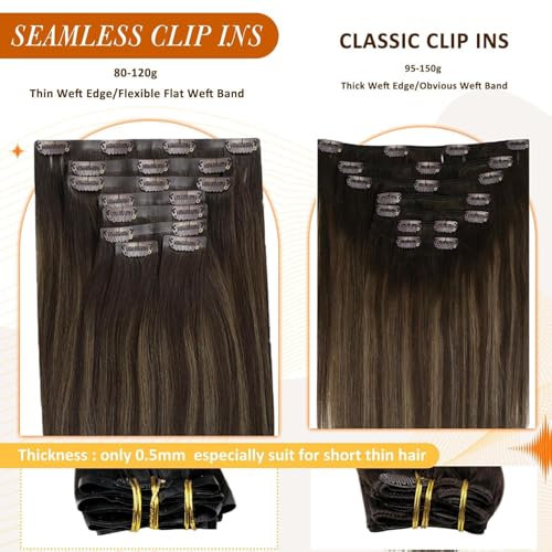 Image of Full Shine Seamless Clip in Hair Extensions 22 Inch Dark Brown Balayage to Light Brown with Caramel Blonde Real Human Hair Straight Hair for Long 8 Pcs 120g