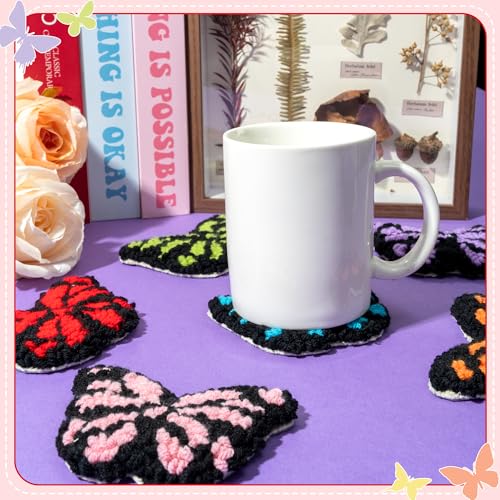 Image of WATINC Butterfly Punch Needle Coaster Kit - 22Pcs Easy Art Work Decor Craft Supply for Beginners, DIY Set of 6 Butterflies Tufted Rug Pads with Adhesive Felt Yarns Embroidery Hoop Tools Instruction