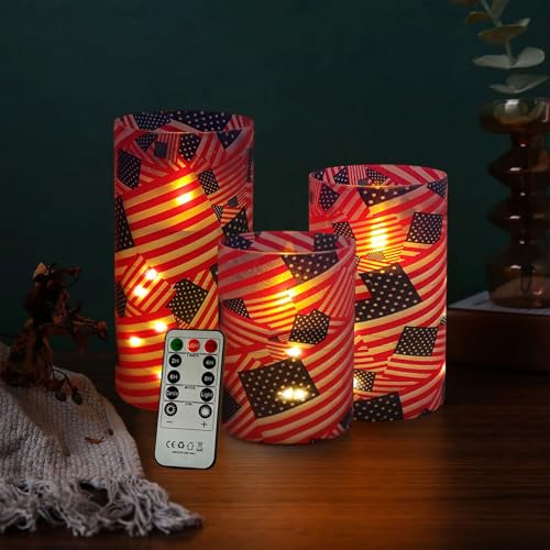 Image of NJAO HOO Flickering Flameless Candles, LED Candles 3D Wick Acrylic Battery Operated LED Pillar Candles with Remote and Timer for Day 4th of July Decor Set of 3(American Flag)