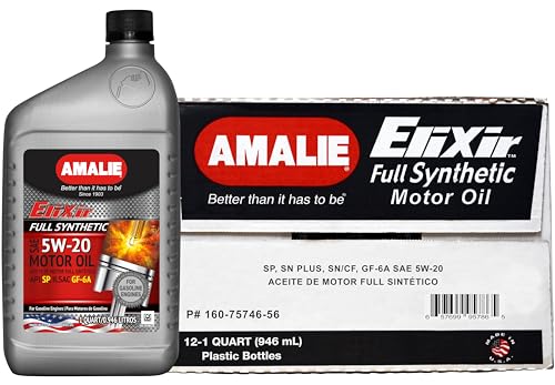 AMALIE Elixir 5W-20 dexos1 Full Synthetic Motor Oil (160-75746-56) 1 Quart Bottle, Pack of 12 | Made in USA