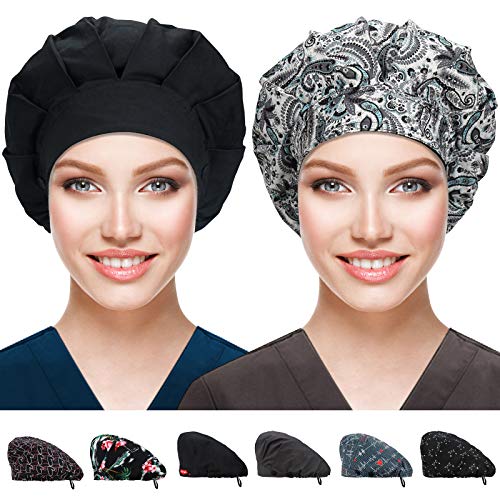 ABAMERICA 2 Pack Bouffant Caps with Button and Sweatband, Adjustable Scrub Caps for Women Men, One Size Multi Color A-42 Single Layer Satin Blk + Blk Single Layer