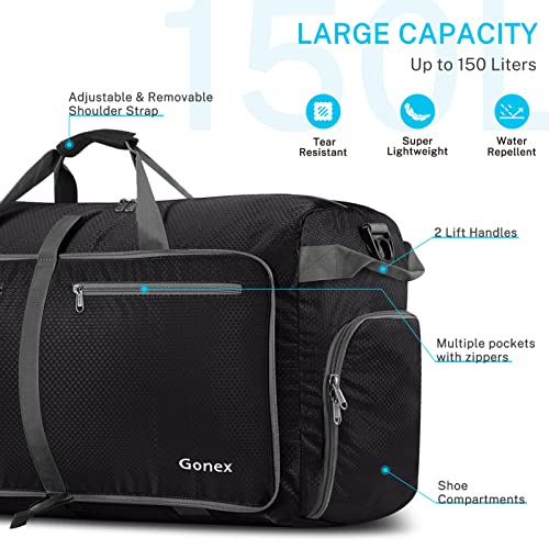 Gonex 150L Travel Duffel Bag Foldable Extra Large Duffle Bag XL Heavy Duty for Men Women for Luggage Shopping Black