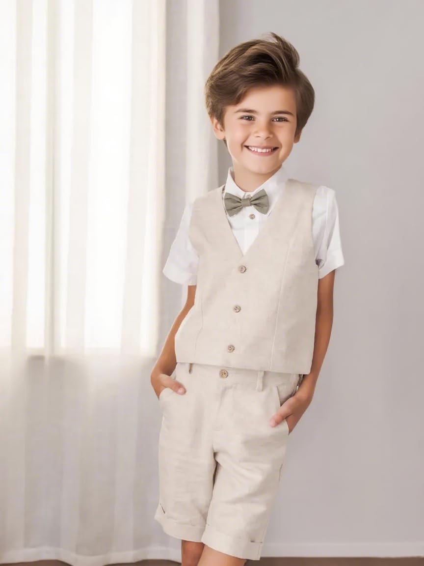 Traje de lino para niños, 2 piezas, traje de esmoquin casual de verano, ajustado, para boda, graduación, chaleco y pantalones cortos