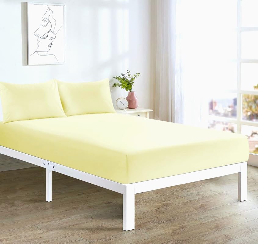 Supersoft Duvet Cover Set Easy Care Bedding Fitted Sheet and Pillowcases in 22 Colours and Single, Double, King, and Super King Sizes (FITTED K lemon)