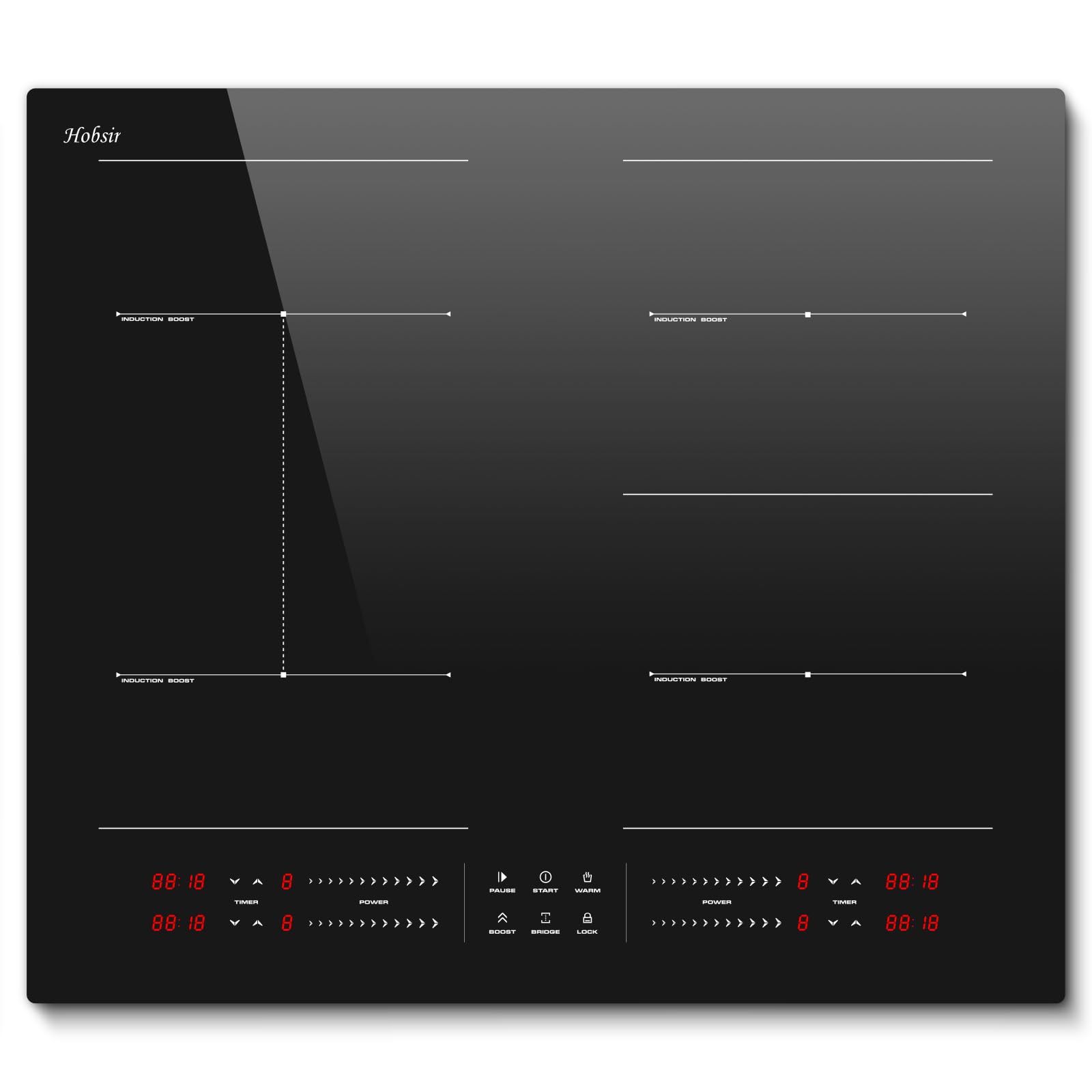 Hobsir Induktionskochfeld 60cm 4 Platten 7200W mit Flexzone Schwarz | Glaskeramikkochfeld 4 zonen Touch-Bedienung, separat steuerbare Kochfelder, Kinderhalte, Boost & Timer, Heizfunktion & Pause