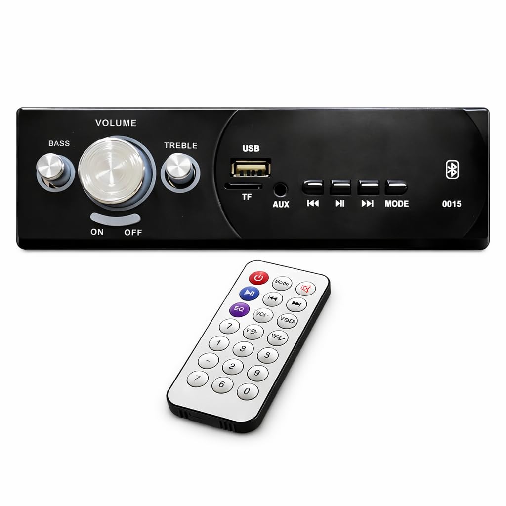 double ic high power car stereo with lcd & remote control | universal fit mp3 player -bluetooth, usb, aux, fm radio, sd card | built-in equalizer for bass & treble control | black-grey (0015)