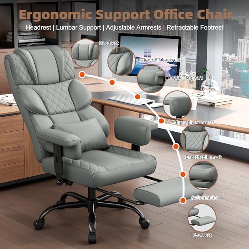 Image of Vonesse Big and Tall Office Chair, Desk Chair with Soft Adjustable Armrests, Ergonomic High Back Gaming Chair with Lumbar Support, Executive Computer Chairs with Footrest (PU Leather, Gray)