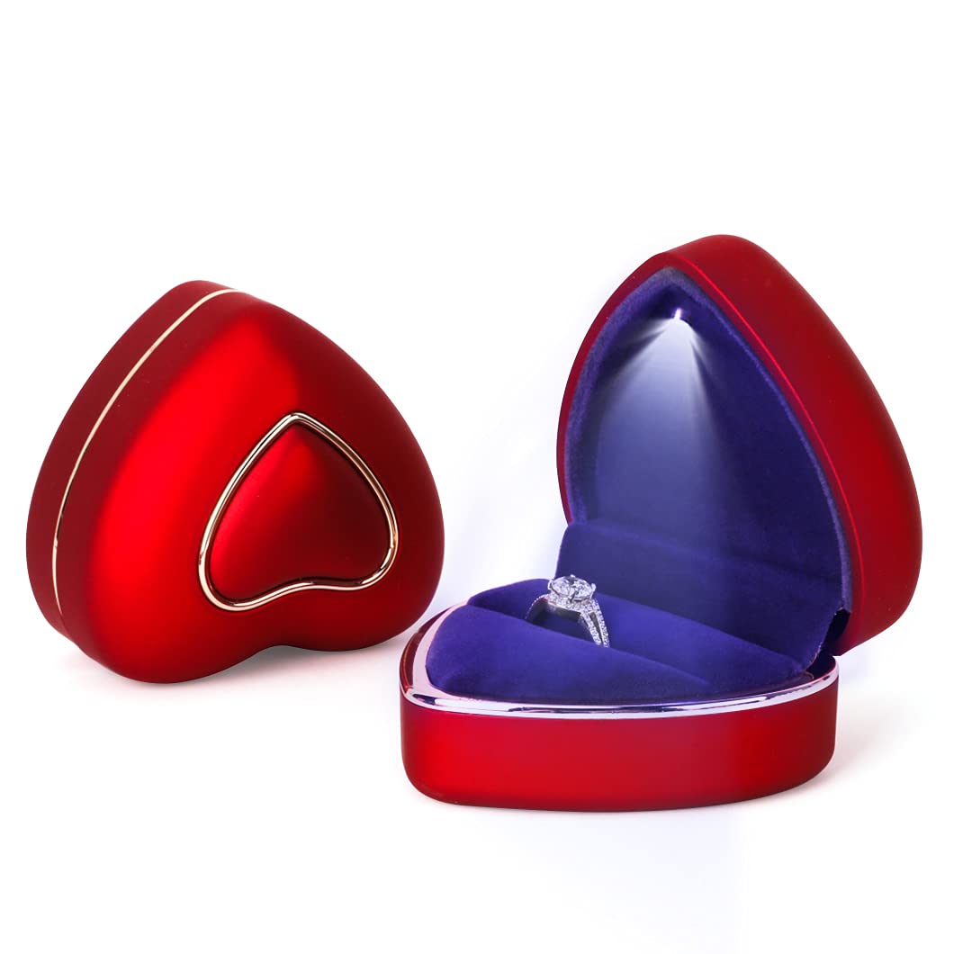 Rolin Roly Red Heart Ring Box Ring Box With Led Light Engagement Velvet Gift Rings Box Jewelry Displays Boxes Heart Shaped Ring Box For Proposal Weddings Birthday Anniversary (Red Heart Ring Box)