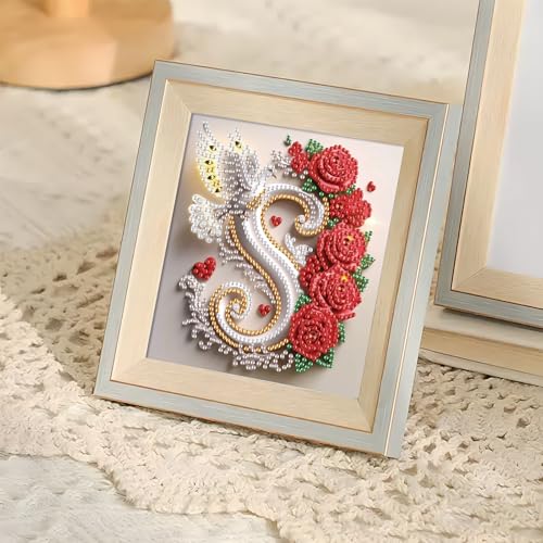 Image of AiYuanzsh 5D Diamond Art Kits for Adults Letter S, Floral Rose & Dove Special Shape Diamond Painting, Alphabet Diamond Art for Beginners DIY Crystal Rhinestones Craft and Wall Display 17x17cm