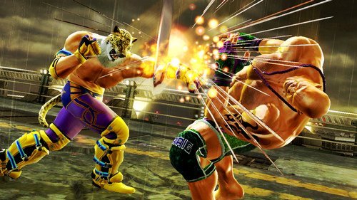 A jaguar-headed character fighting another character in Tekken 6, with bright impact effects.