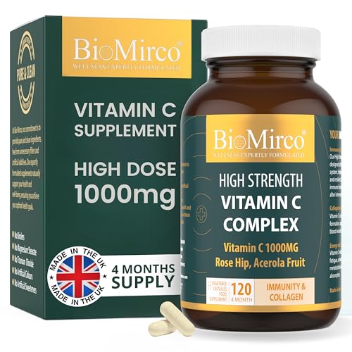 Vitamin C 1000mg Capsules, High Strength Supplement, Immune Support Vitamins, High Dose, Alternative to VIT C Powder/Tablets, Immunity Supplements, Rose Hip, Acerola Fruit, Complex, Made in The UK