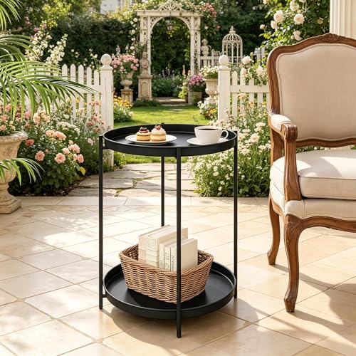 Mesa auxiliar redonda para ahorrar espacio en salones pequeños con dos niveles de metal negro 4