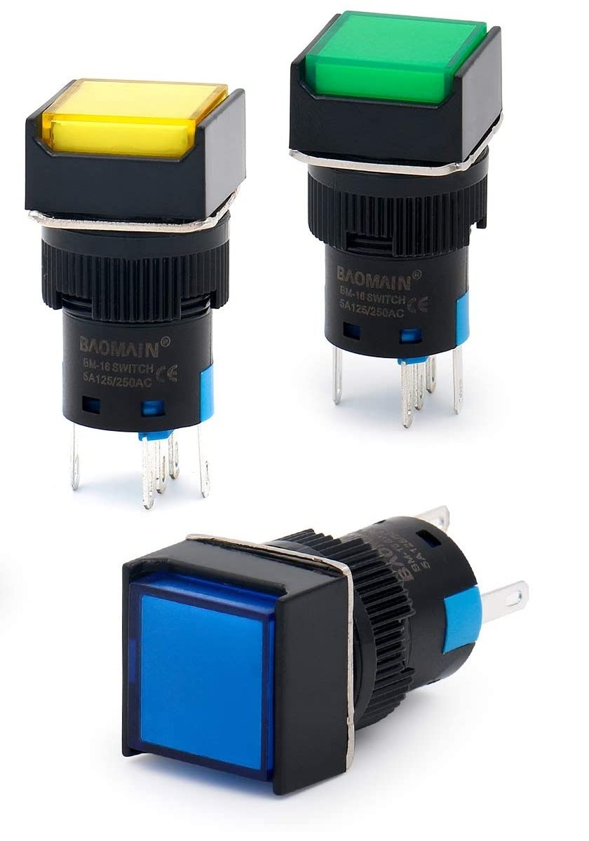 KAMCON? 16mm Push Button Switch Momentary Square Cap LED Lamp Red, Yellow,Blue,Green Light DC 24V SPDT 5 Pin (1 Set of GBY)-image-37