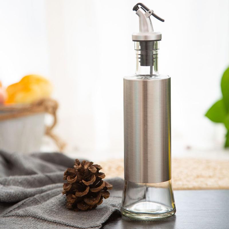 Image of HomeWiz Glass Oil Dispenser for Kitchen 500ml - Stainless Steel Sleeve Bottle with Anti-Drip Spout & Flip Lever | Leak-Proof Pourer for Cooking Oil, Olive, Mustard, Vinegar & Soy Sauce | Round