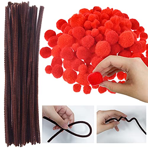 FUKPO 100 Fils Chenille Kit Marron Fil Chenille Cure Pipes, 100 Yeux Mobiles Autocollants, 150 Pompon Rouge Bricolage pour Tige Chenilles Loisirs Creatifs de Noël - Image 6