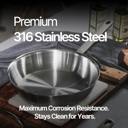 Image of 10.2 Inch Skillet Frying Pan 316 Stainless Steel Copper core 5-Ply Induction compatible Dishwasher & Oven Safe