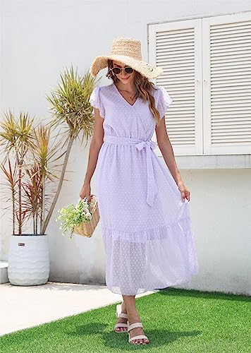 Image of VintageClothing Womens Sundress Casual Floral Summer Boho Dress | Flowy Wrap V Neck Ruffle A-Line Pleated Hem Midi Dresses