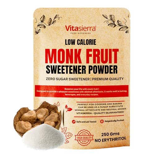 Image of Vitasierra Monk Fruit Sweetner Organic Without Erythritol (250 Gm) - 1:1 Sugar Substitute - Low Glyemic Index Gentle & Safe Sweetner - Diabetic Friendly