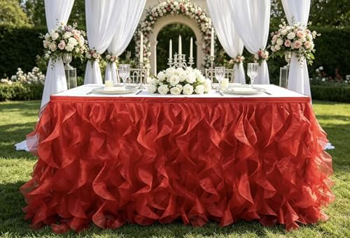 Image of Luxury Organza Mesh Table Skirt Draping Floating Romance - Perfect for Bridal Showers, Birthday Weddings - Clear Flowing Decoration for a Wonderful Main Cake Table (Red-6ft, 72 inch Lx30 H)