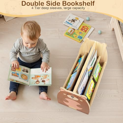 Image of Toddler Bookshelf Double-Sided with 4 Tier Deep Sleeves Kids Wooden Montessori Book Rack for Baby Nursery Room, Playroom, Classroom or Bedroom Bookcase Storage Organizer, Brown Bear