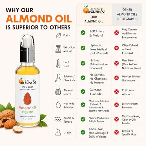 Image of H&O Almond Oil - 100% Pure Cold Pressed - 30 ml GLASS Bottle with Dropper - Edible