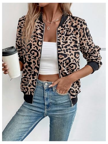 SweatyRocks Women's Leopard Print Jacket Zip Up Long Sleeve Bomber Jackets Outwear3
