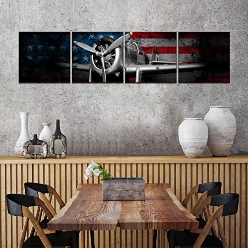 Vintage Airplane Pictures Wall Decor Aviation Propeller Wall Art For Living Room Retro Military Fighter Canvas Prints Artwork American Flag Aircraft Poster Men Bedroom Office Home Decoration 12X12" 4 Pcs #TOP6