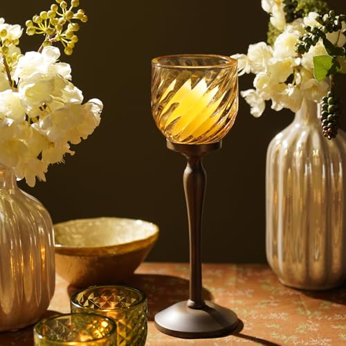 Image of Pure Home Yellow Swirl Textured Hurricane - Small | Size: 9 x 9 x 21 cm | Premium Hurricanes for Everyday Styling | Table Top & Shelf Decor Showpiece | Ideal for Diwali & Festive | Premium | Pack of 1