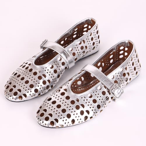 YXCFEWD Women's Mary Jane Ballet Flats - Comfortable Dressy Shoes for Women(Silver one 6)2