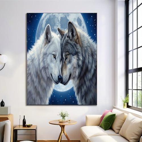Cuadro de pared azul oscuro de dos lobos y luna misteriosa para decoración de salón de 60x80cm