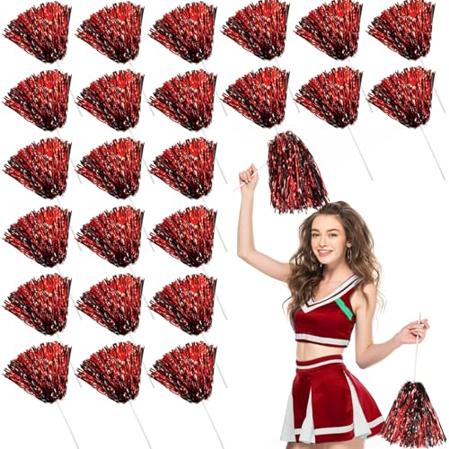 Hanaive 24 Pcs Red and Black Pom Poms School Spirit Shakers Bulk Cheerleading Pom Poms Metallic Foil Cheer Pompoms on Stick Spirit Week Accessories for Cheerleader Homecoming Squad Team Party Club