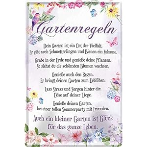Blechschilder Schöner Spruch “Gartenregeln” Deko Pflanzen Blumen Schmetterlinge Glück Gartenschild Garten Eingang Tor Terrasse Geschenkidee Geschenk zum Geburtstag oder Weihnachten 20×30 cm