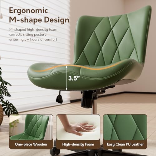 Image of Armless Desk Chair, Morden Home Office Chair no Arms, Adjustable Height & Rocking Computer Chair, PU Leather Vanity Chair, Ergonomic Seat Soft Padded Desk Chairs for Home Small Space, Green