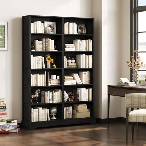 Image of TVU 6-Tier Wood Book Shelf, 47 inch Wide Large Bookcase and Bookshelf, 76 inch Tall Bookcase with Storage, Freestanding Wood Display Book Shelves for Living Room, Home Office, Black