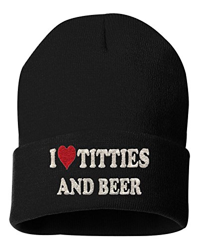 One Size Black Cuffed I Love Titties & Beer Embroidered Cuffed Knit Beanie Cap