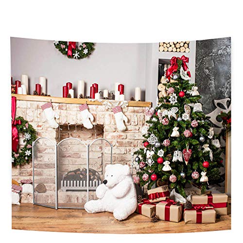 Mocsicka 8x8ft Christmas Backdrop Xmas Fireplace Christmas Tree and Gift White Bear Family Picture Photo Backdrops Home Party Photography Background for Kids and Children