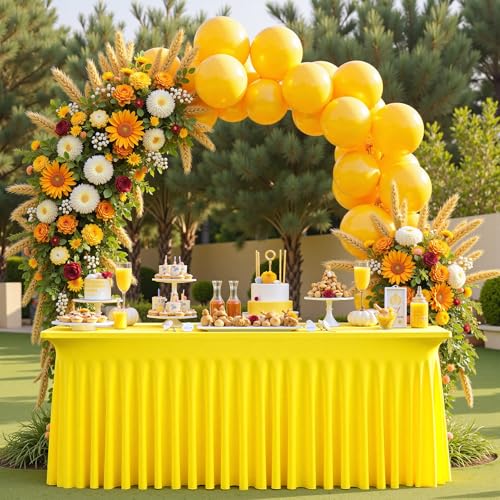 Image of 3 Pack Yellow Spandex Tablecloth for 6 Foot Rectangle Tables, Wrinkle Free Fitted Table Cloth Cover 6ft Yellow Stretchy Tablecloths with Skirt for Parties Weddings Birthday Banquet Baby Shower