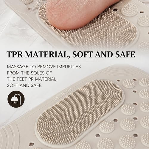 Image of Storite Rectangular Anti Skid Bath Mat with Foot Scrubber for Bath Room Shower Mat with Suction Cups & Drain Holes Silicone Floor Mat for Kids & Adults (70 X 35cm, Beige)