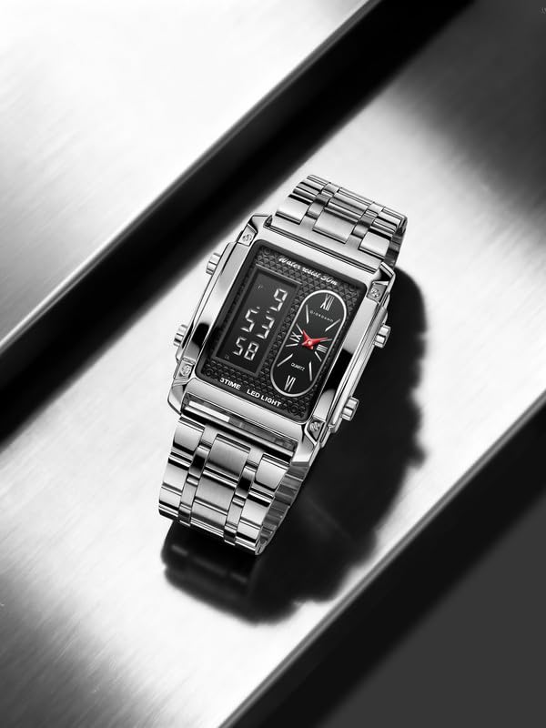 Image of Giordano Analog-Digital Quartz Watch for Men with LED Light, 3-Time Display, Date Function, 30M Water Resistance & Stainless Steel Strap