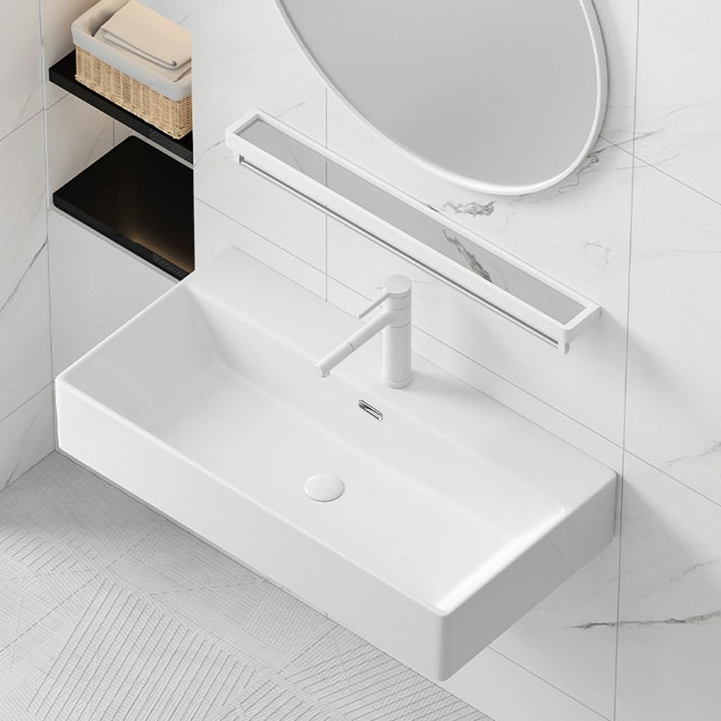 Modern White Ceramic Vessel Sink Wall Mounted Above Counter Bathroom Vanity Sink with Towel Rack and Overflow, 20x14 Inch Large Rectangular Porcelain Art Wash Basin for Rvs, Restroom
