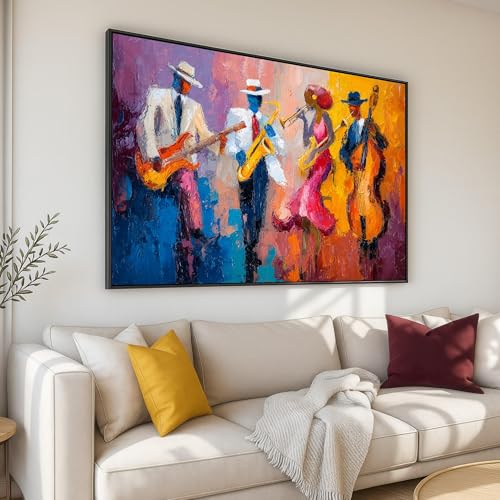 Toile instruments de musique colorés grand tableau abstrait jazz prêt à accrocher 80x110