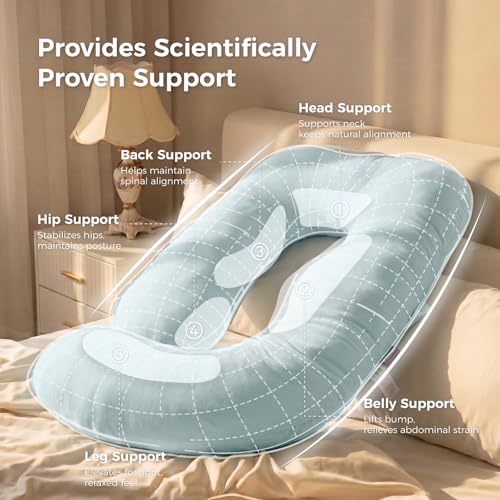 Image of Momcozy Pregnancy Pillows for Sleeping, U Shaped Full Body Maternity Pillow with Removable Cover - Support for Back, Legs, Belly, HIPS for Pregnant Women, 57 Inch Pregnancy Pillow, Cotton Blue