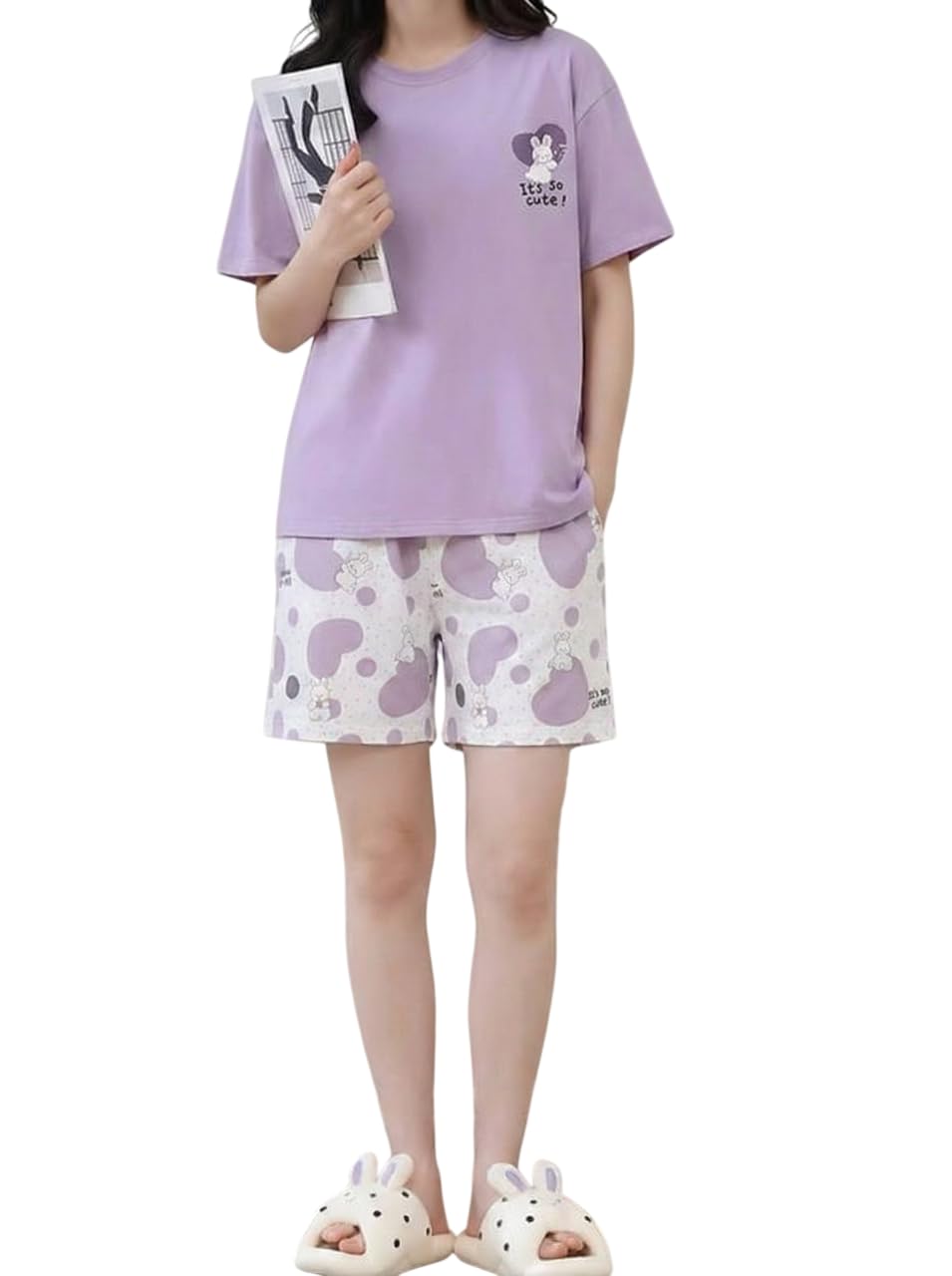 Women's Cotton Blend Pajama Set, Short Sleeve T-Shirt and Shorts, Cute Bear Print Nightwear