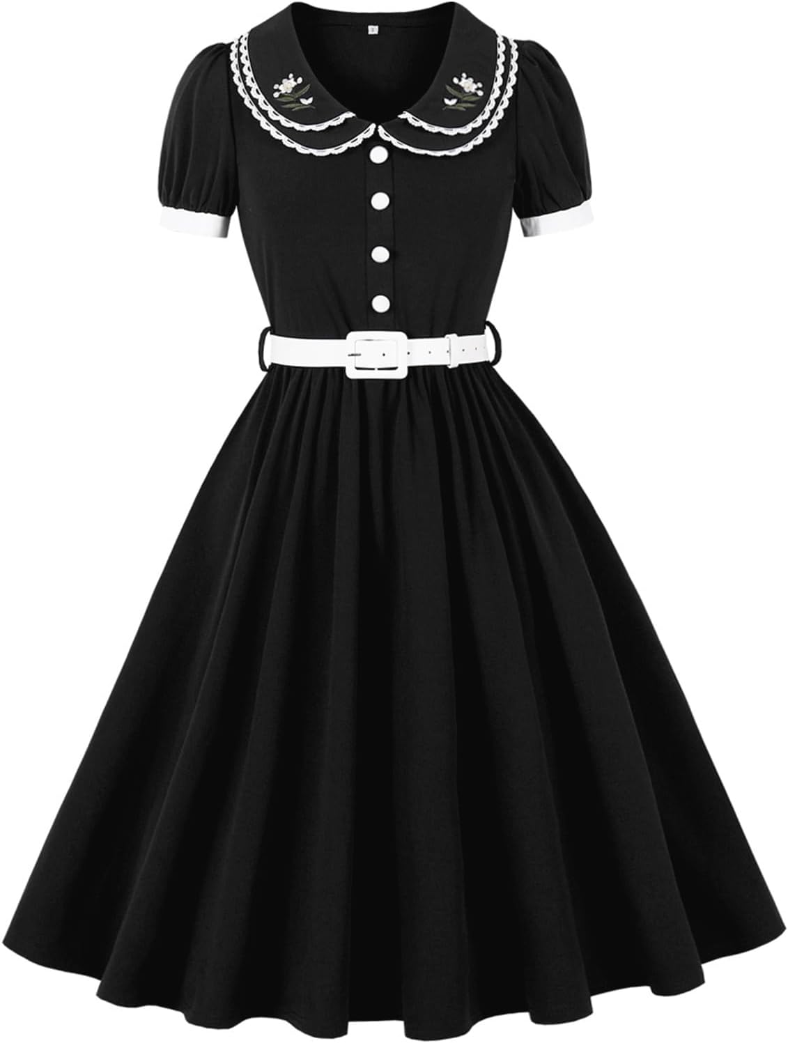 Odizli Women's 1950s Retro Dress Short Puff Sleeve Embroidery Print Cocktail Party Rockabilly Wedding Dress with Belt