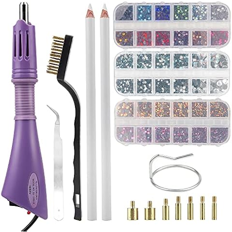 SWAWIS Hotfix Strasssteine Applikator, 3 Boxen Mix Farbe Strasssteine Flache Rückseite Strass Runder Kristall Hotfix Strass Applikator Werkzeug Set mit 7 Applikatorspitzen, Violett Cover