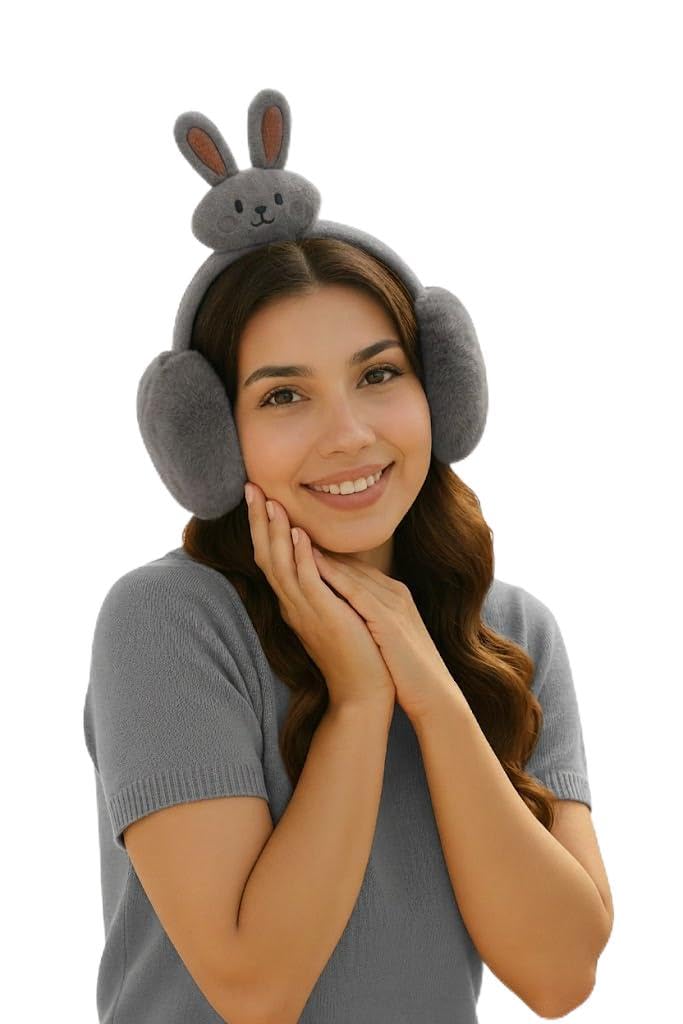 Cute Bunny Winter Earmuffs, Plush Animal Design, Soft Grey Ear Warmers with Decorative Rabbit Top, Cold Weather Accessories-image-28