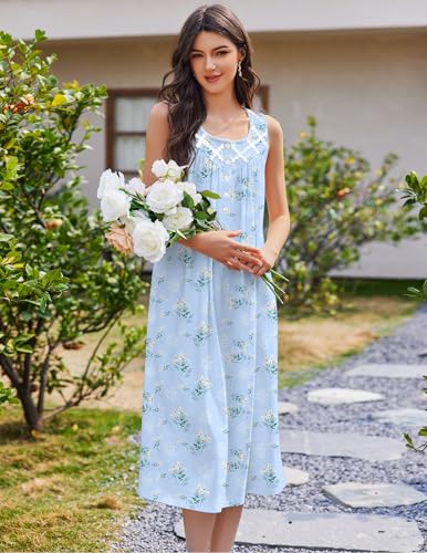 Image of Ekouaer Nightgowns for Women Cotton Long Night Gown Sleeveless Sleep Dress Victorian Nightdress Ladies Sleepwear