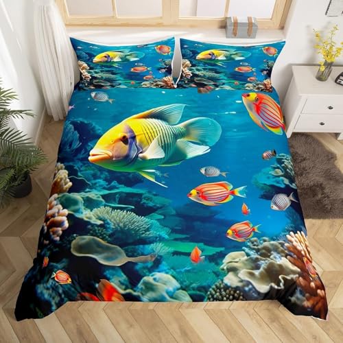 NDXRWDZR Housse de Couette 200x200 Adolescent Poissons Tropicaux Parure de Lit 2 Personnes avec Fermeture Éclair Doux Respirant Microfibre Housse de Couette et 2 Taie...